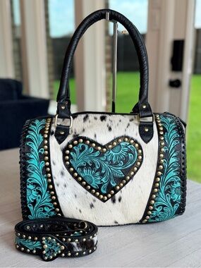 Genuine Leather Cowhide Western Speedy Heart Purse Turquoise Tooled Satchel Bag